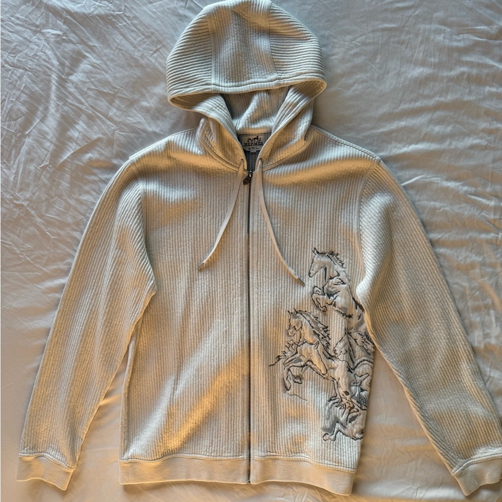 White Hermés Hooded Zip-Up Jacket with Embroidery